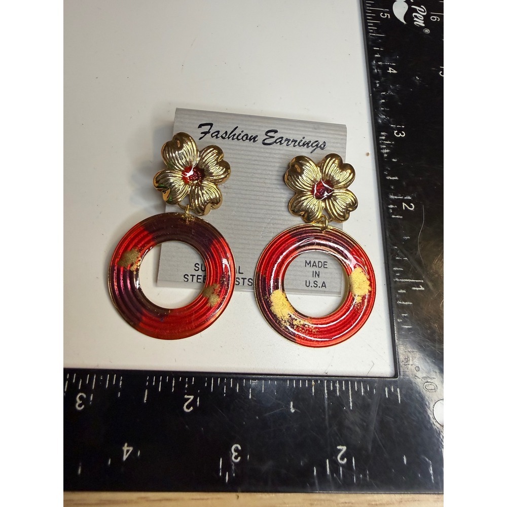 Fashion Earrings Made in USA Gold Red Floral Hoop Drop Surgical Steel Posts